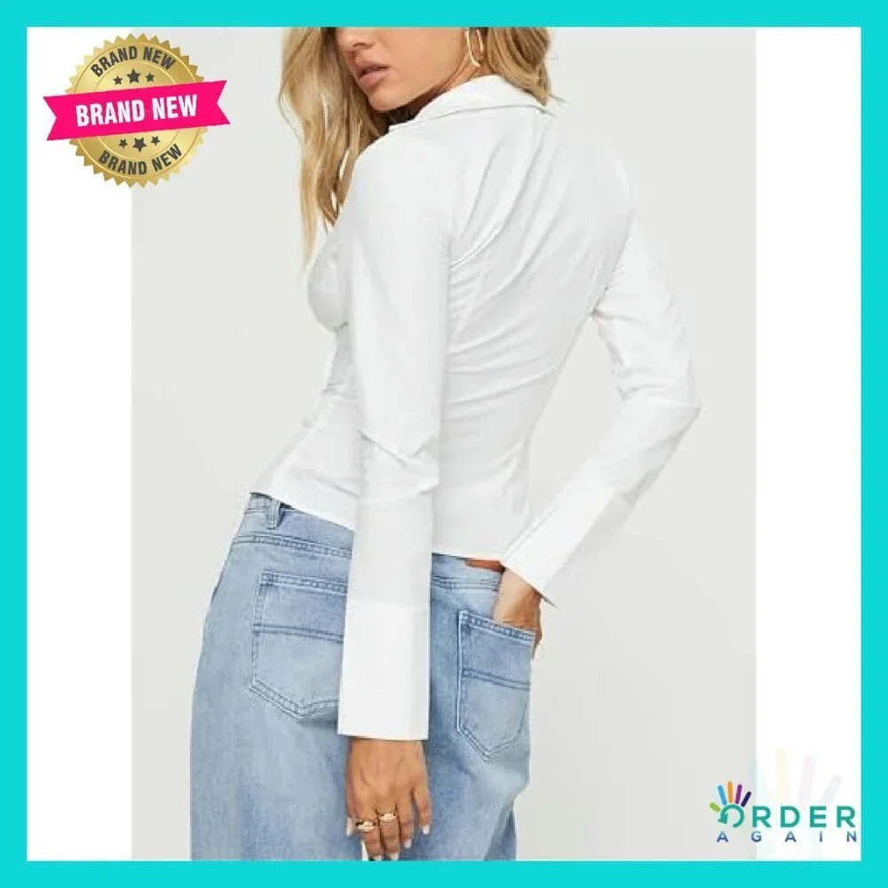 Y2K Slim Fit Button Up Shirt Long Sleeve V Neck Crop Blouse Preppy Streetwear